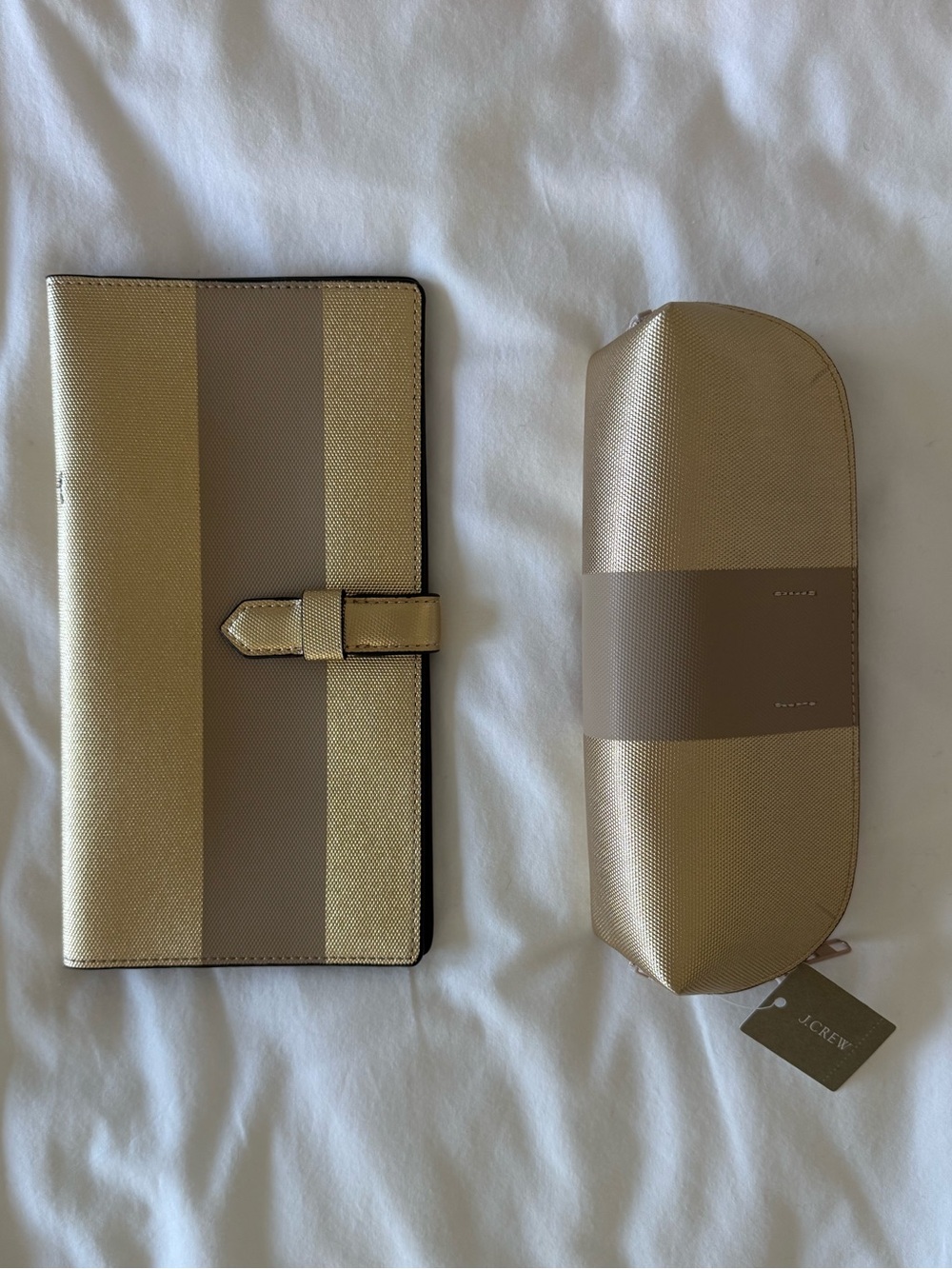 NWT J. Crew Gold and Taupe Stripe Leather Travel Document Wallet & Zip Pouch Set